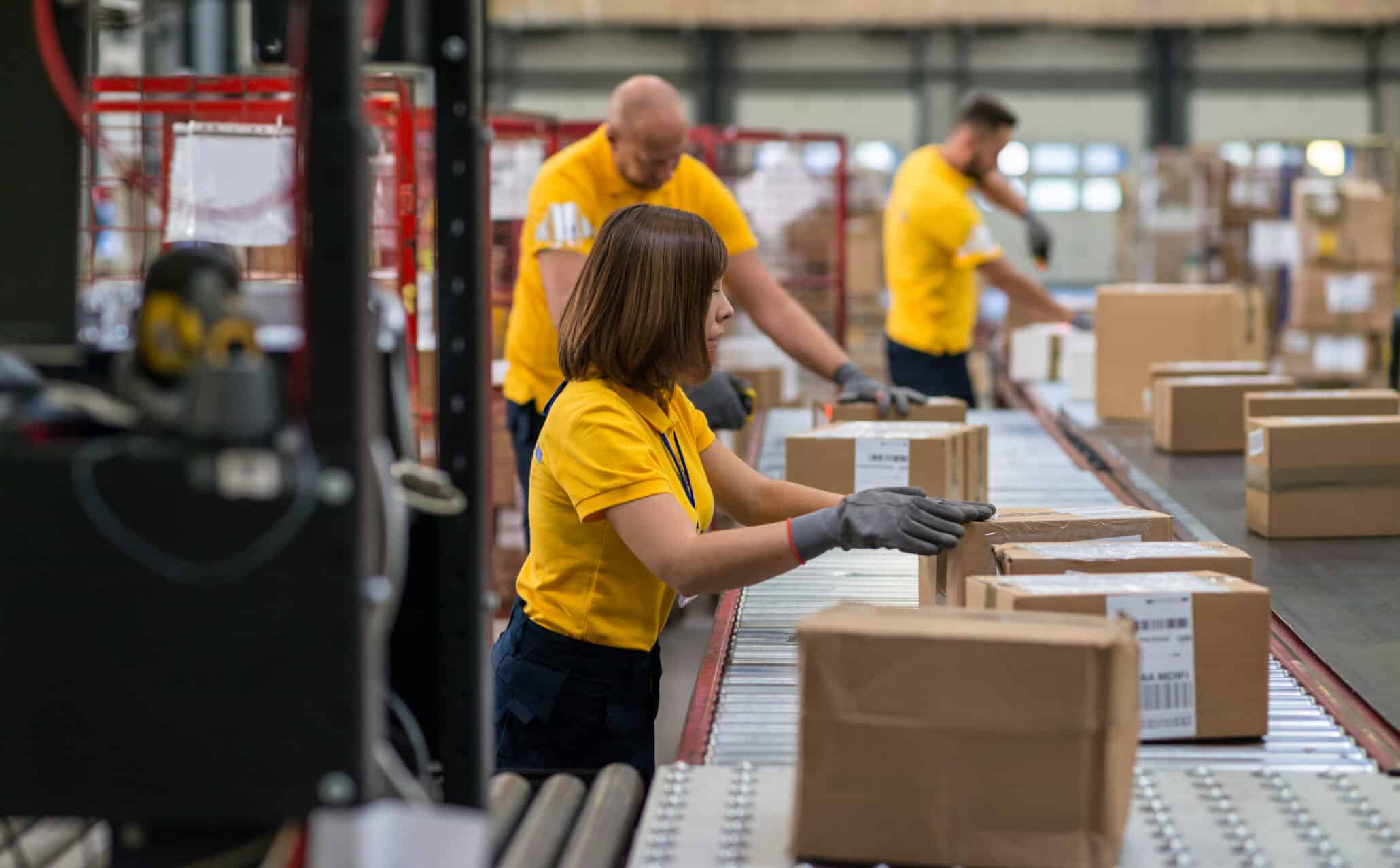 Portrait einer Frau am Fließband beim Verpacken von Waren